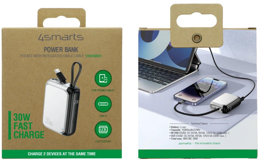 4smarts Powerbank Mit integriertem USB-C Kabel 10000 mAh, Silber