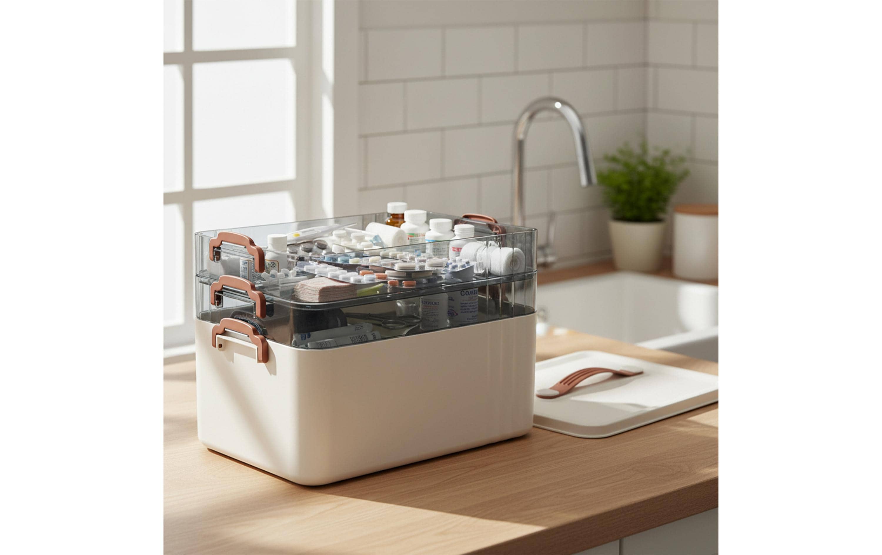 relaxdays Medizinbox aus Kunststoff Transparent/Weiss 24 x 33 x 22 cm