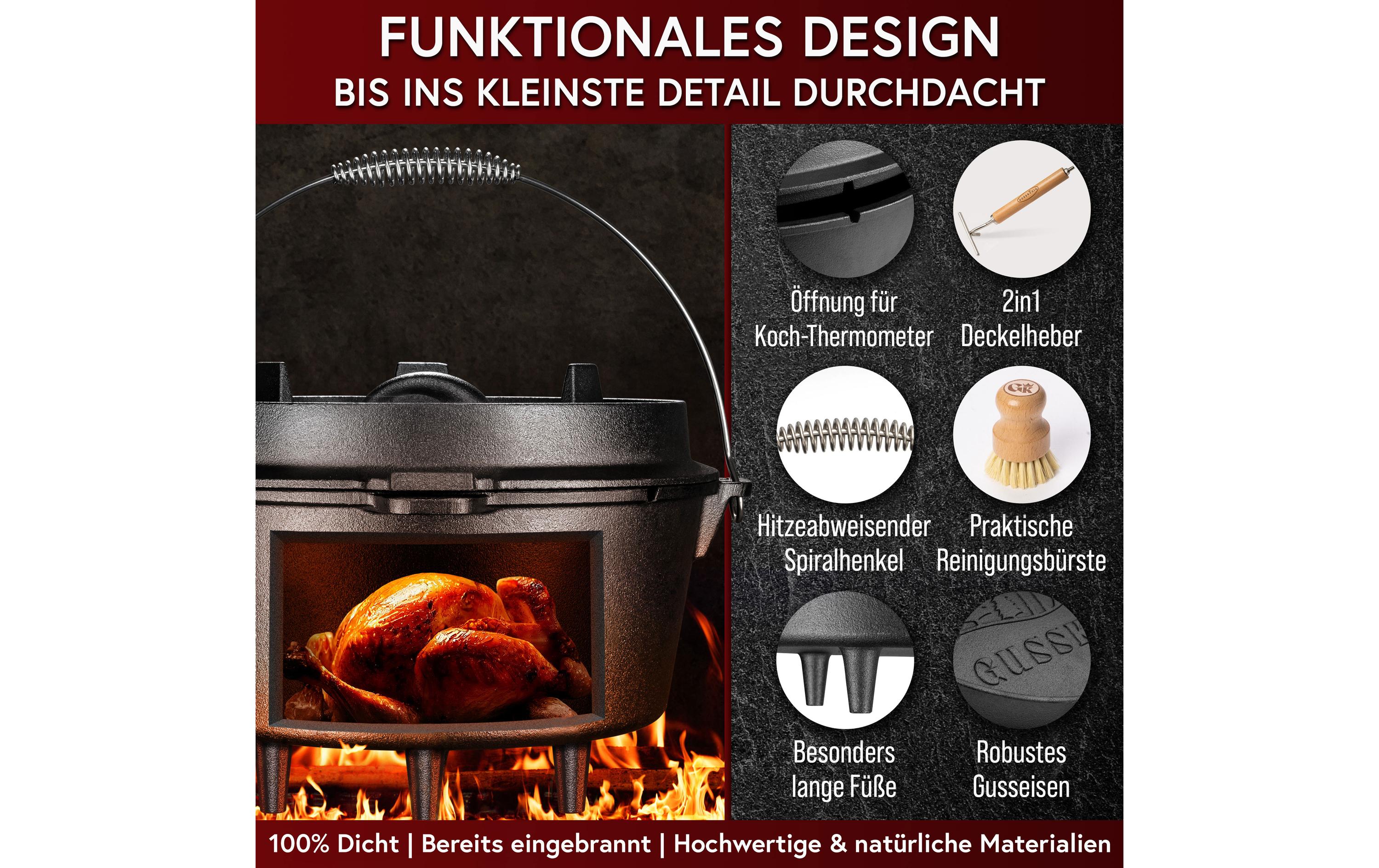 Gusskoenig Dutch Oven Set 9 l mit Deckelheber, Bürste