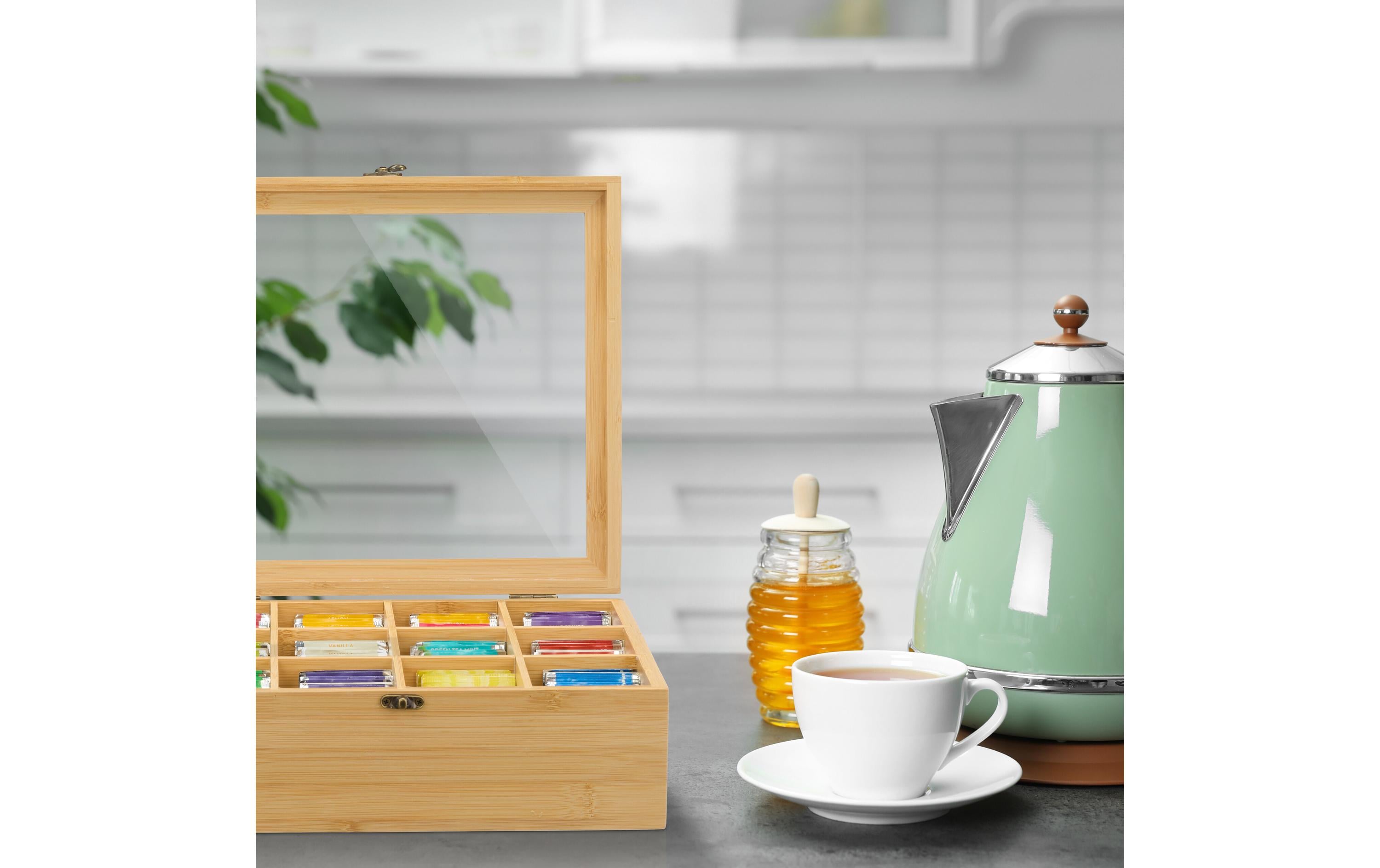 relaxdays Teebeutel-Box mit 12 Fächern, Hellbraun/Transparent