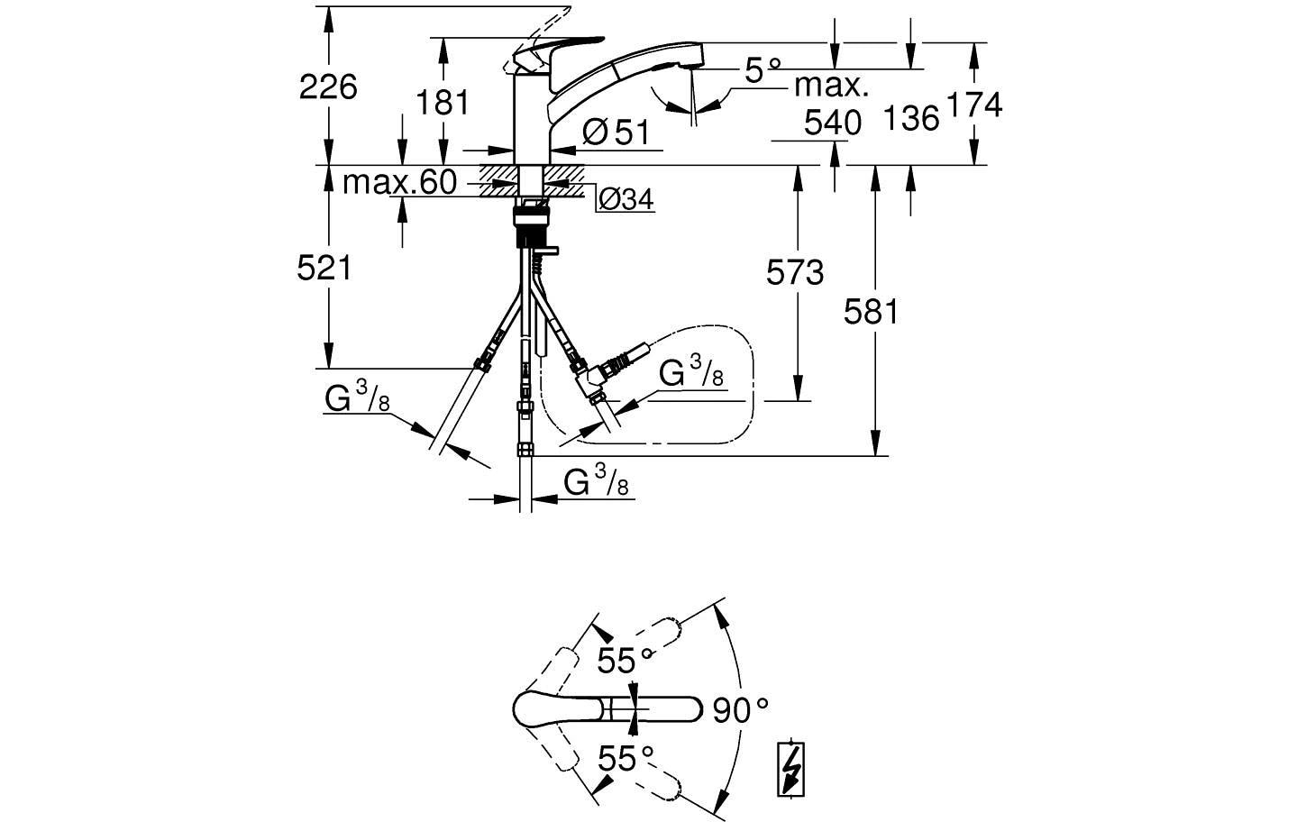 GROHE Küchenarmatur Start 3/8, Messing, herausziehbar