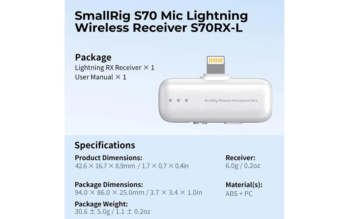 Smallrig S70RX-L Drahtloser Mikrofonempfänger Weiss Smallrig S70RX-L Drahtloser Mikrofonempfänger Weiss