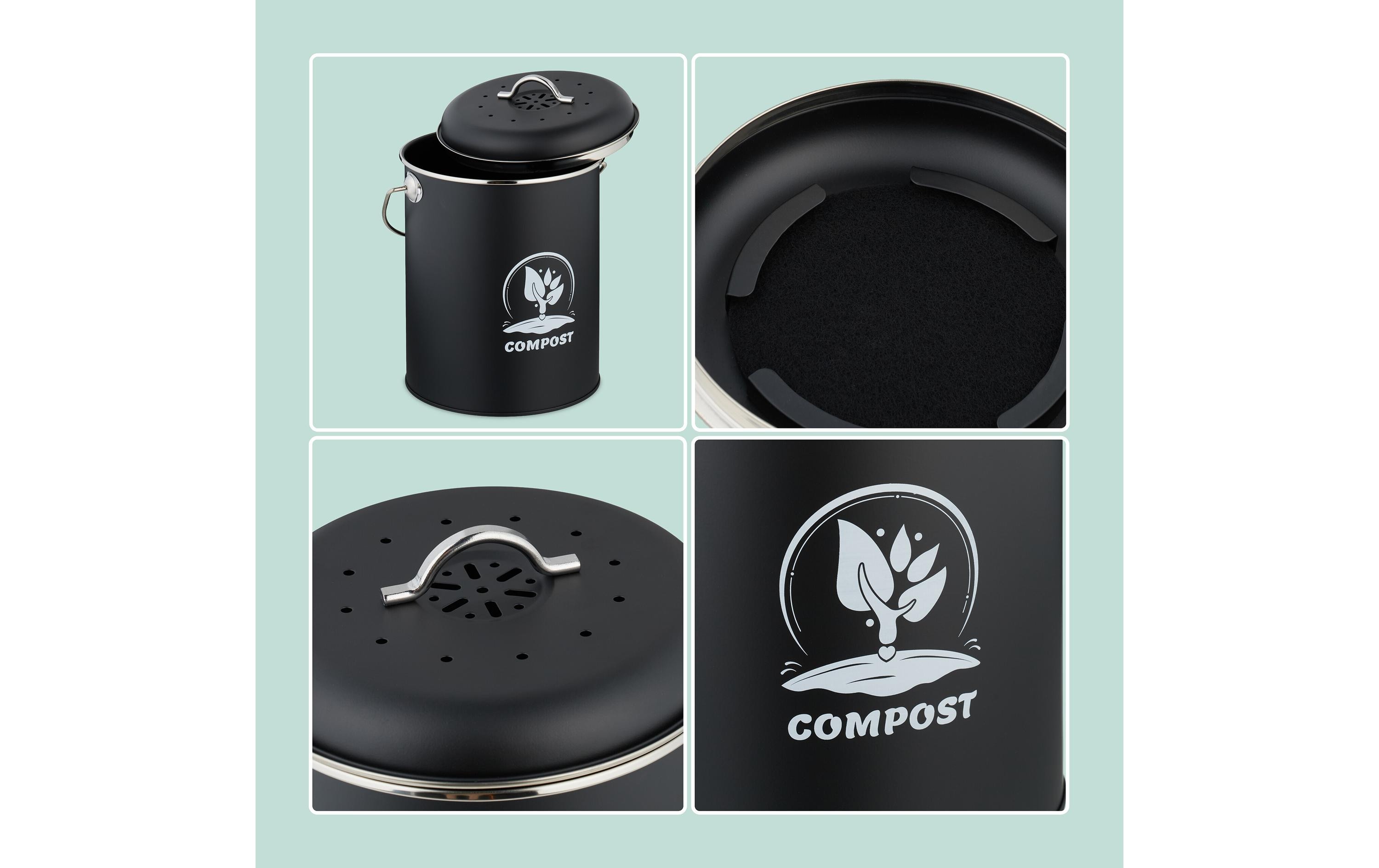 relaxdays Komposteimer mit Geruchsfilter 5.5 l, Schwarz/Silber