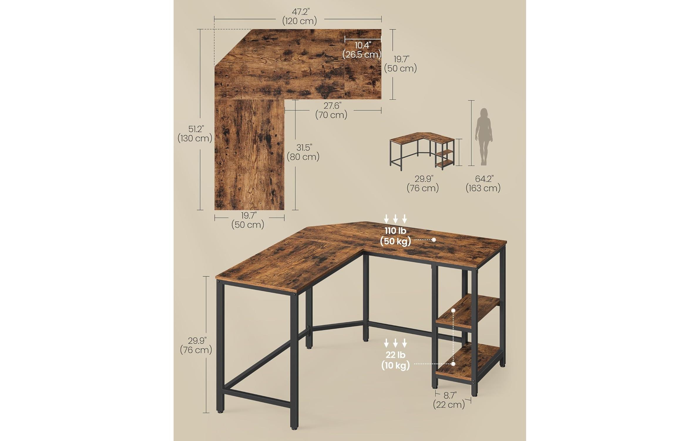 VASAGLE Tisch in L-Form Braun/Schwarz 120 x 130 x 76 cm