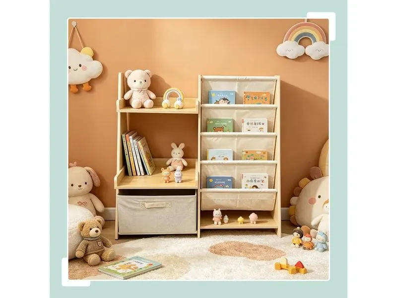 relaxdays Kinderbücherregal MDF Polyester Vlies Natur Weiss