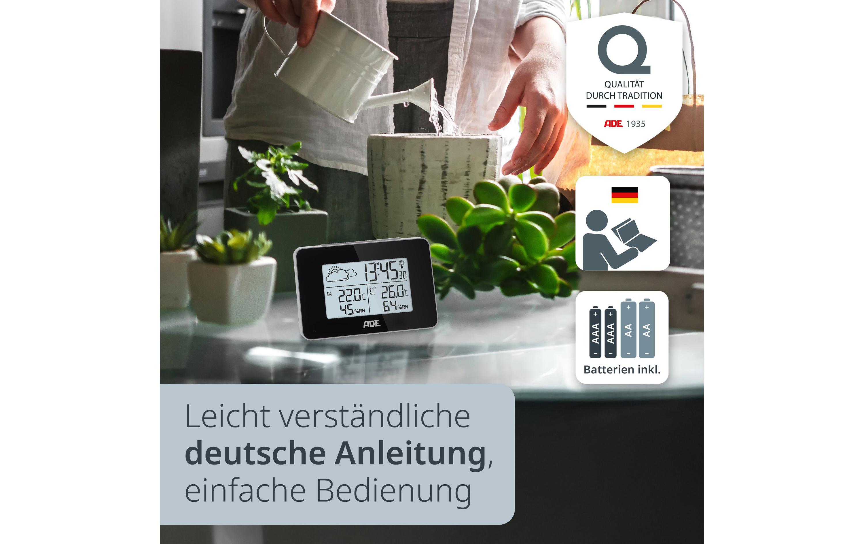 ADE Wetterstation mit Funk-Aussensensor mit DCF-Funkuhr, Schwarz