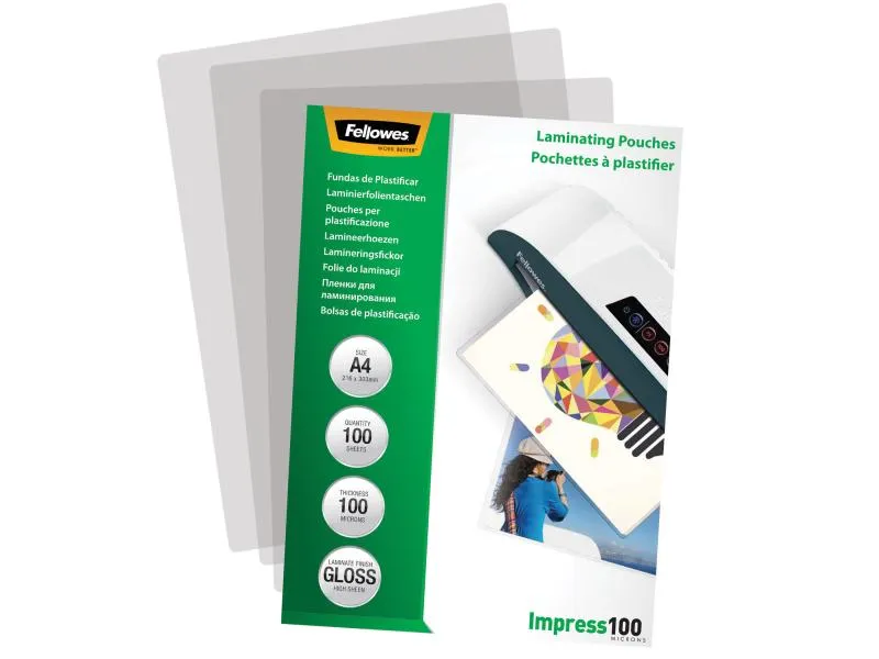 Fellowes Laminierfolie A4, 100 µm, 100 Stück, Glänzend Fellowes Laminierfolie A4, 100 µm, 100 Stück, Glänzend
