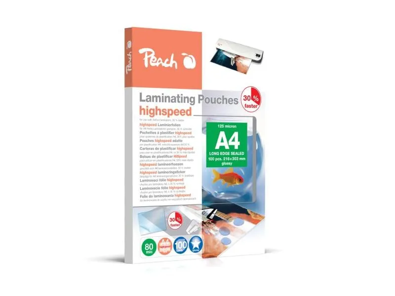 Peach Laminierfolie Highspeed A4, 80 µm, 100 Stück, Glänzend Peach Laminierfolie Highspeed A4, 80 µm, 100 Stück, Glänzend
