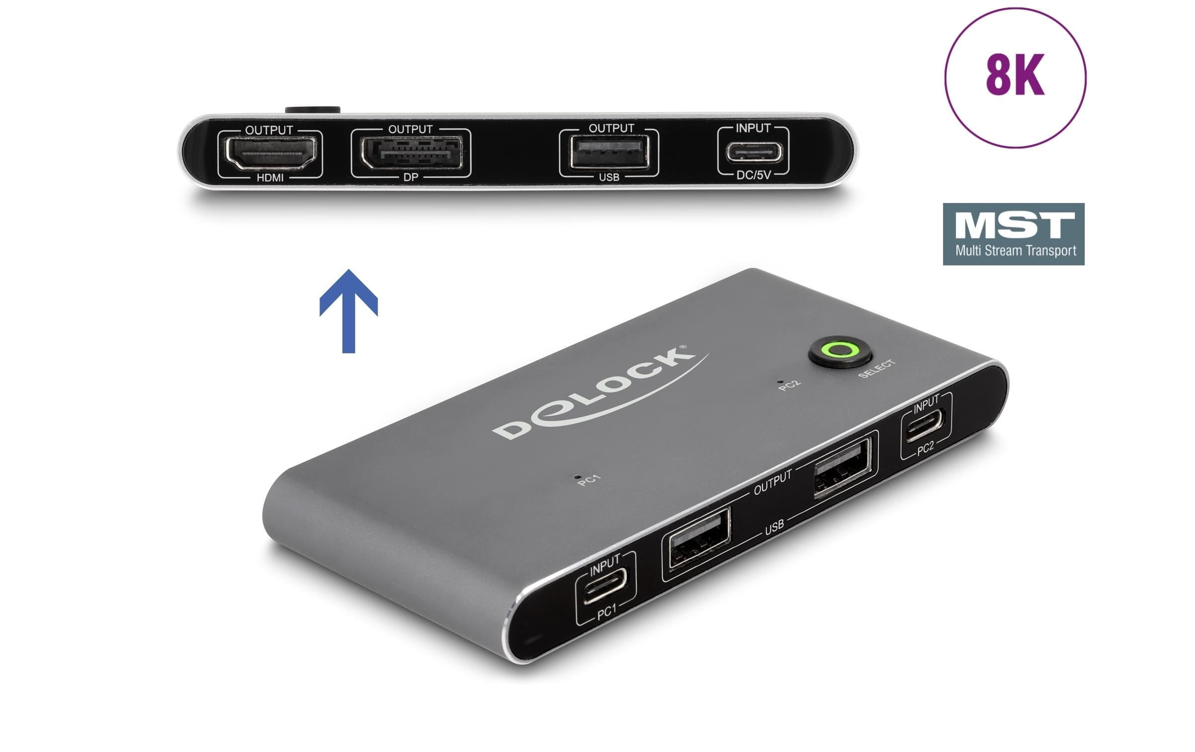 Delock KVM Switch USB-C zu HDMI und DisplayPort 8K MST mit USB 2.0 Delock KVM Switch USB-C zu HDMI und DisplayPort 8K MST mit USB 2.0