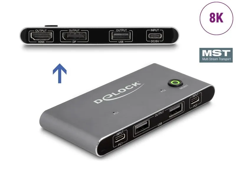 Delock KVM Switch USB-C zu HDMI und DisplayPort 8K MST mit USB 2.0