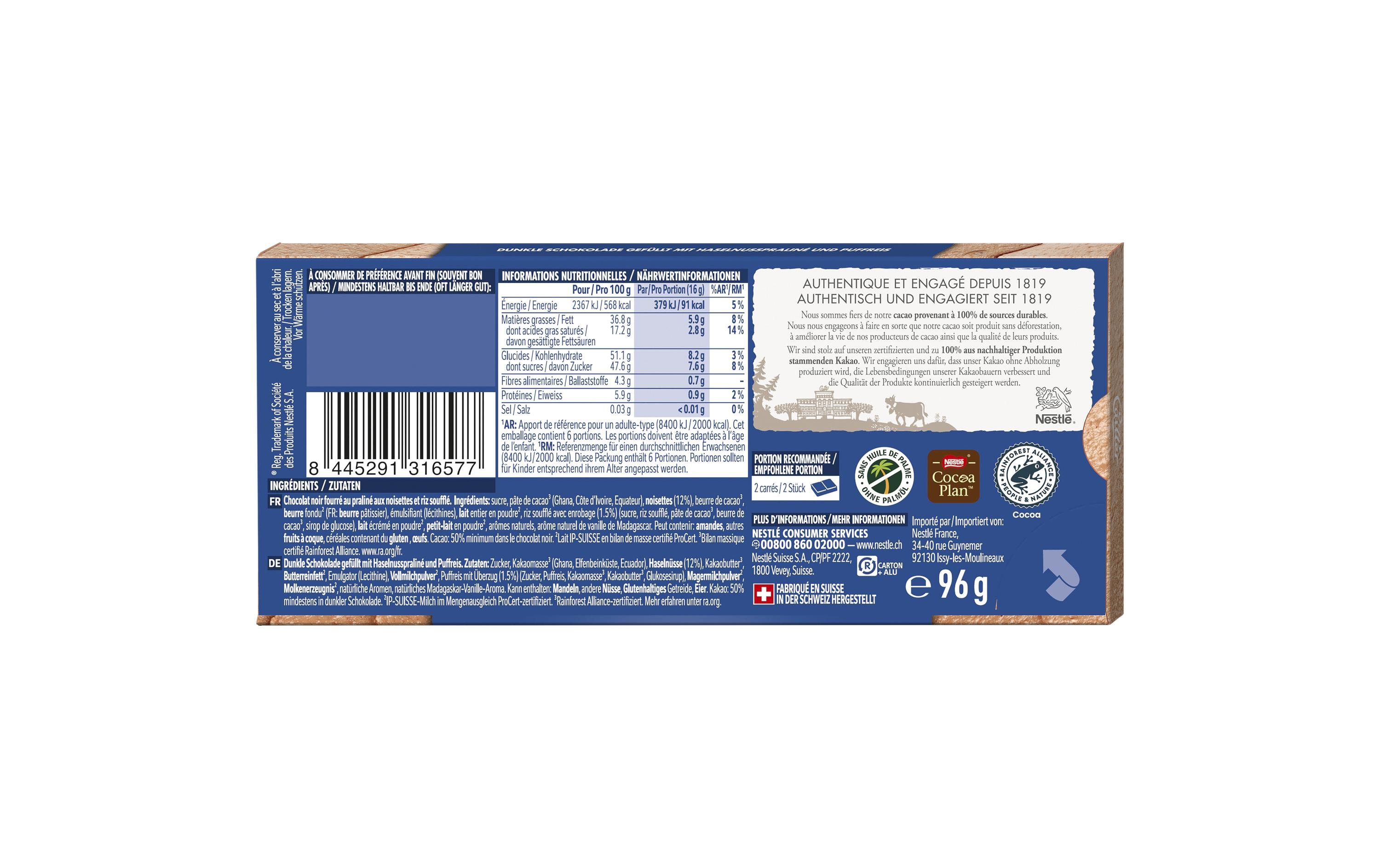 Cailler Schokolade Filled Pralinato Tab Tafel 96 g