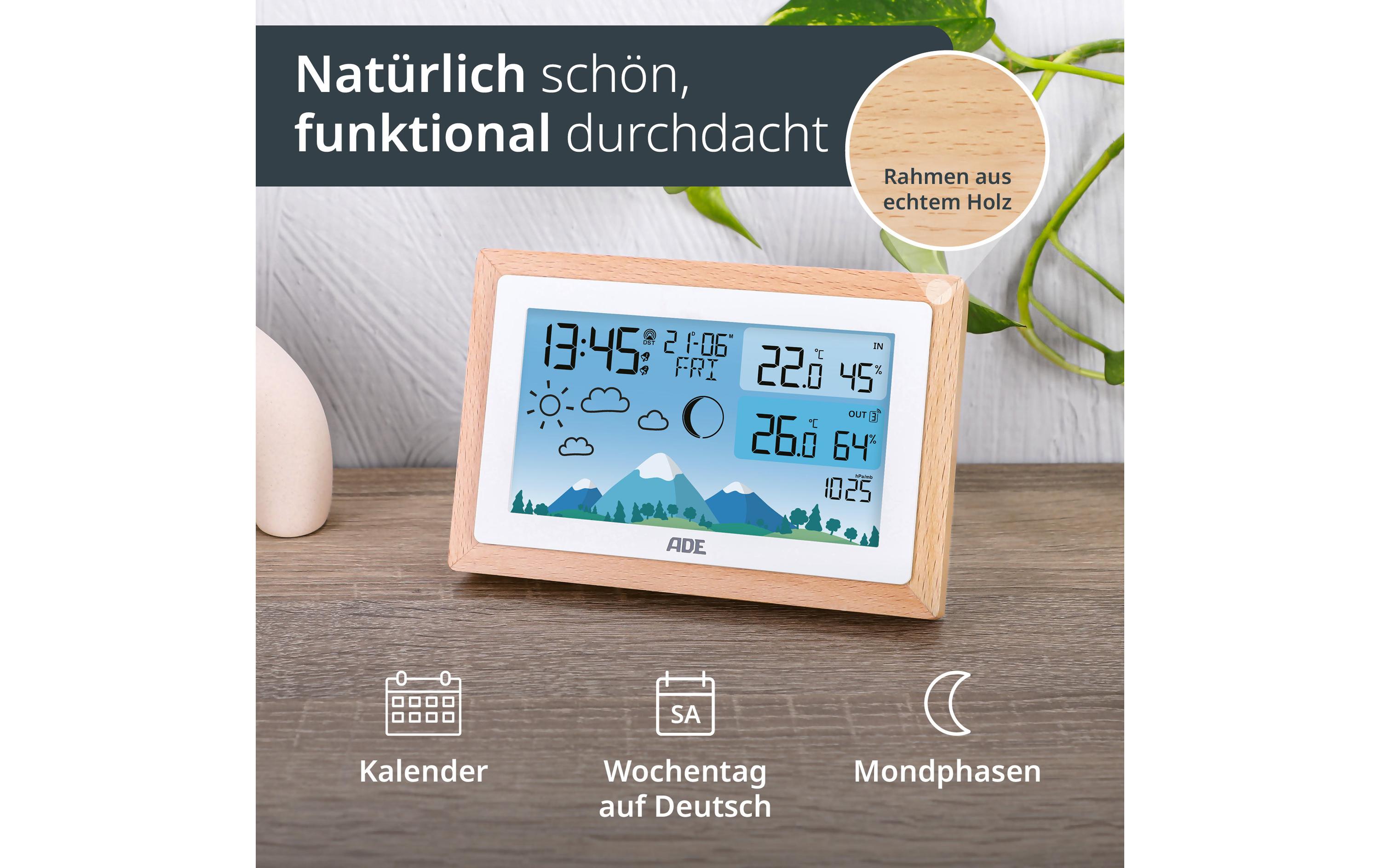 ADE Wetterstation mit Funk-Aussensensor Holz-weiss