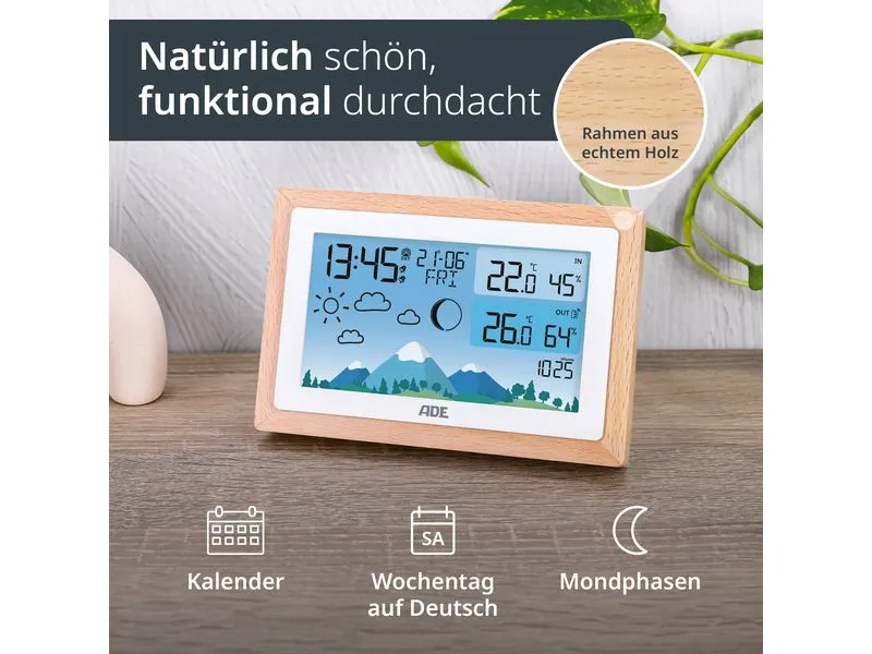 ADE Wetterstation mit Funk-Aussensensor Holz-weiss
