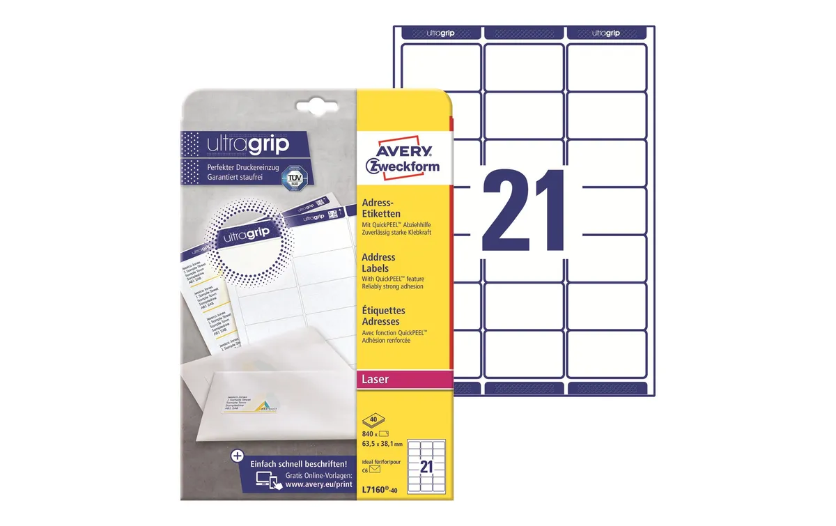 Avery Zweckform Adressetiketten Ultragrip 63.5 x 38.1 mm, 40 Blatt Avery Zweckform Adressetiketten Ultragrip 63.5 x 38.1 mm, 40 Blatt