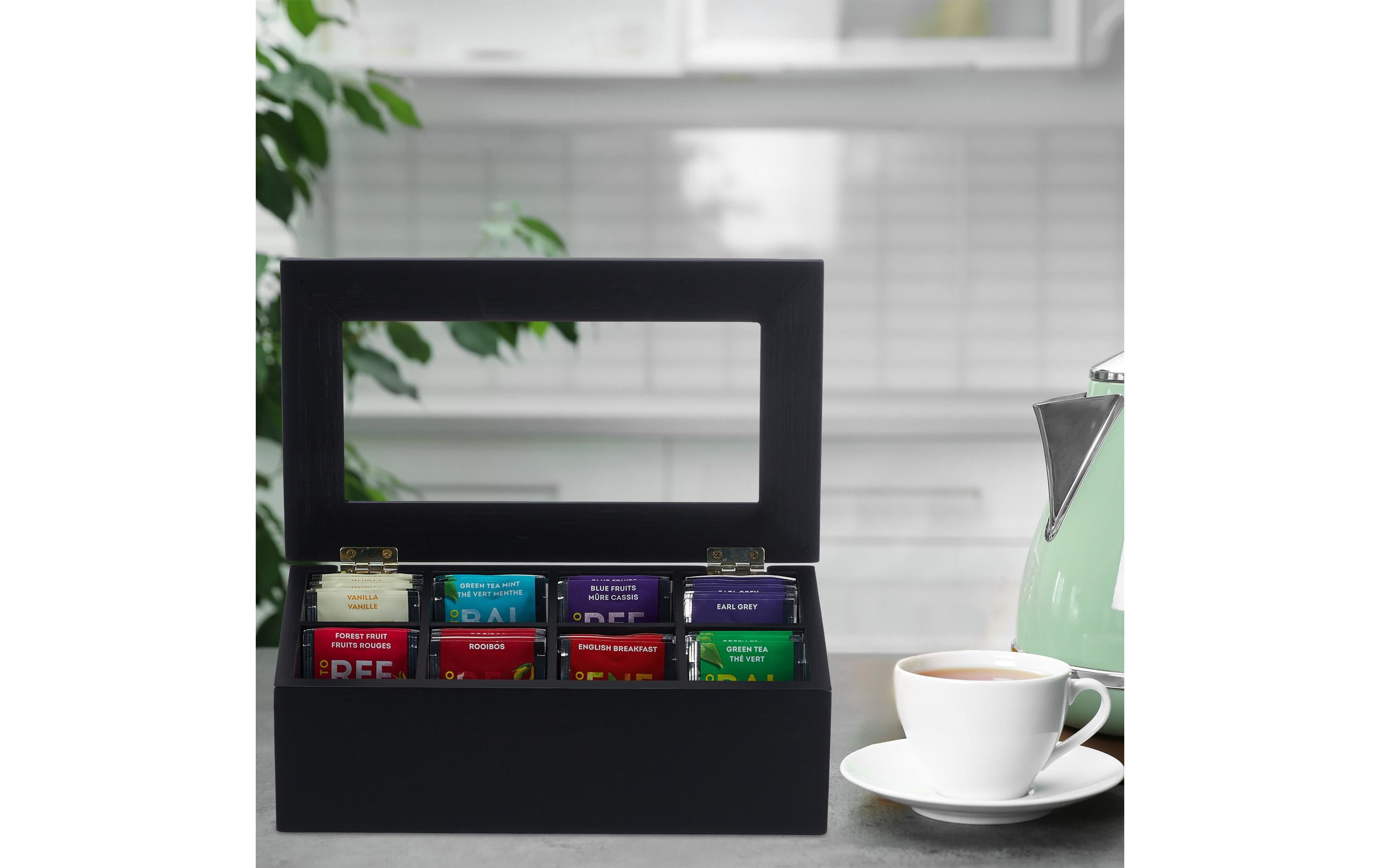 relaxdays Teebeutel-Box 8 Fächer, Schwarz/Transparent