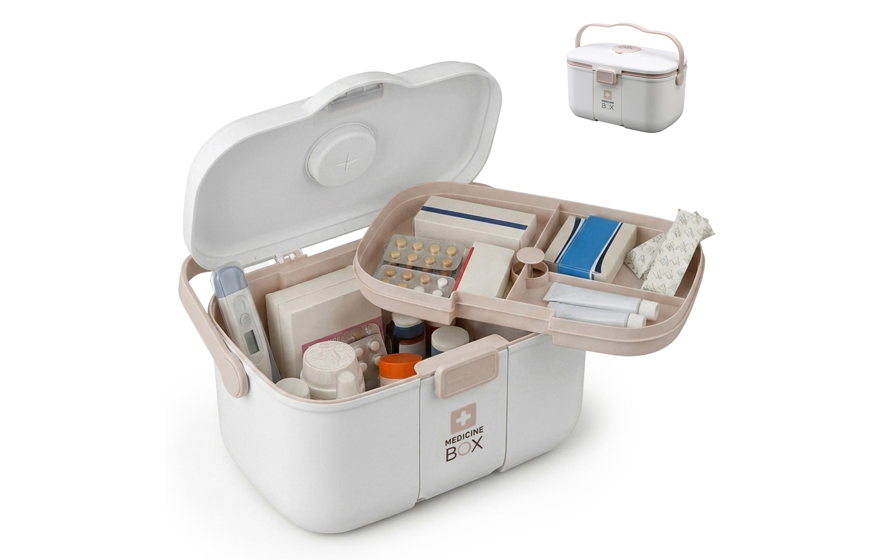 relaxdays Medizinbox aus Kunststoff Beige/Weiss 17 x 28 x 18 cm