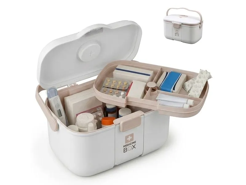 relaxdays Medizinbox aus Kunststoff Beige/Weiss 17 x 28 x 18 cm