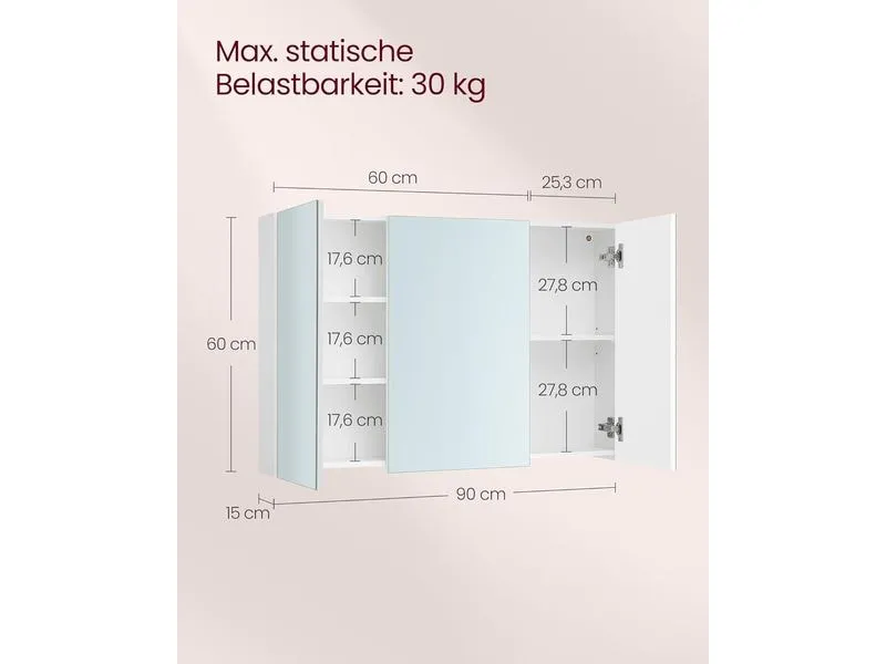 VASAGLE Spiegelschrank Weiss, 60 x 15 x 55 cm VASAGLE Spiegelschrank Weiss, 60 x 15 x 55 cm