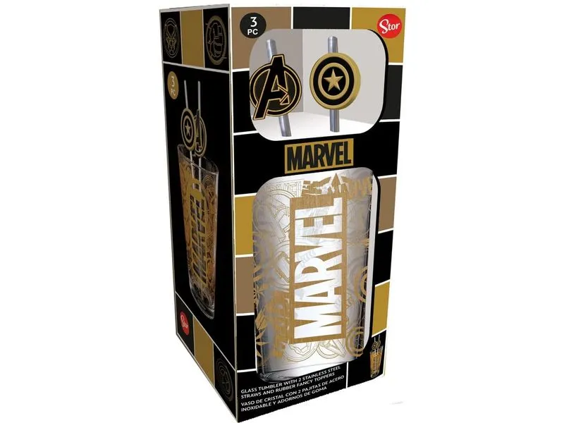 Stor Marvel Glass Tumbler with Straws Logo & Avengers 485 ml Stor Marvel Glass Tumbler with Straws Logo & Avengers 485 ml