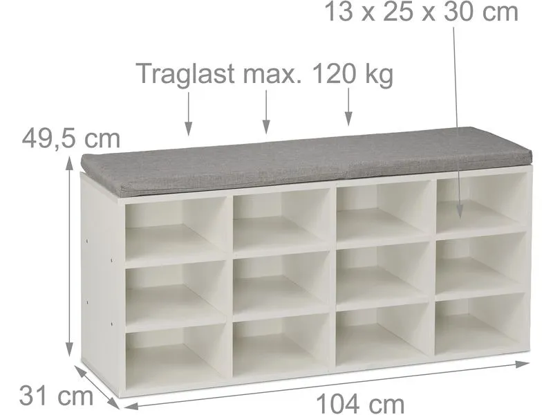 relaxdays Schuhbank mit Sitzfläche mit 12 Fächern, Grau/Weiss relaxdays Schuhbank mit Sitzfläche mit 12 Fächern, Grau/Weiss