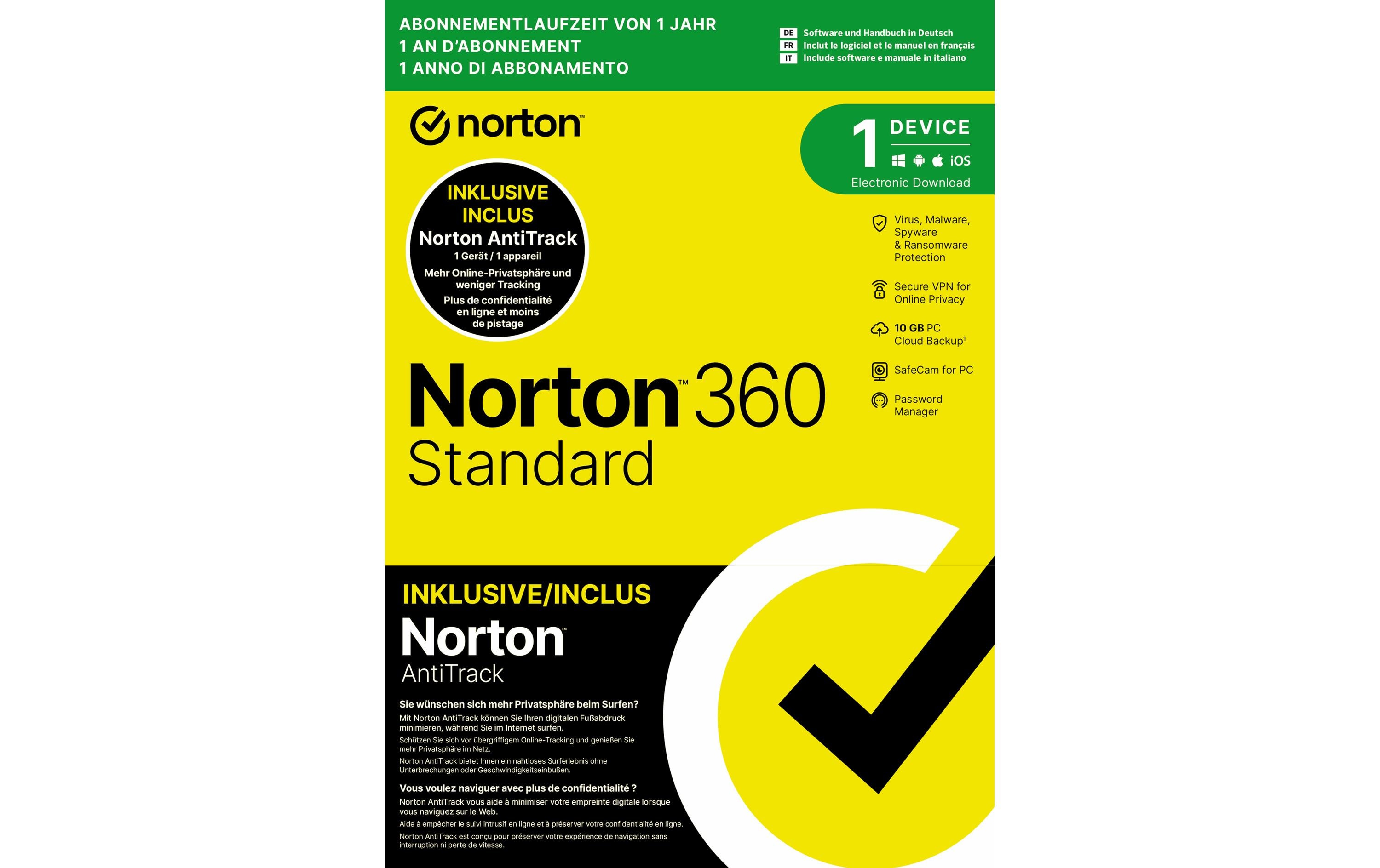 Norton 360 Standard + AntiTrack Bundle Box, 1 Dev., 1yr, 10GB Cloud Norton 360 Standard + AntiTrack Bundle Box, 1 Dev., 1yr, 10GB Cloud