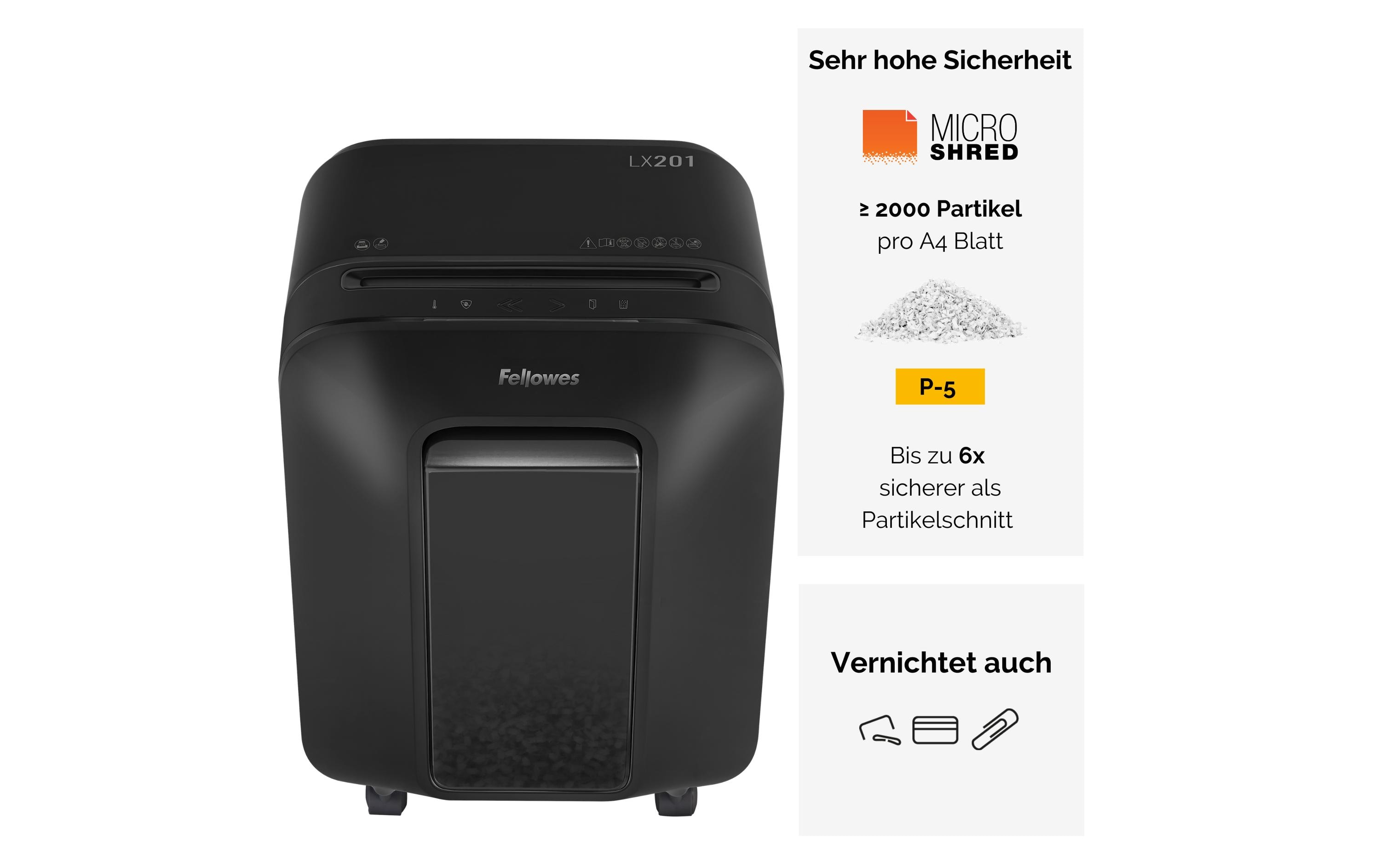 Fellowes Aktenvernichter LX201 P-5, 12 Seiten, Schwarz