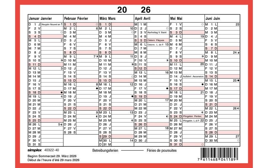 Simplex Kalender ohne Namenstage A6 Querformat, 2026