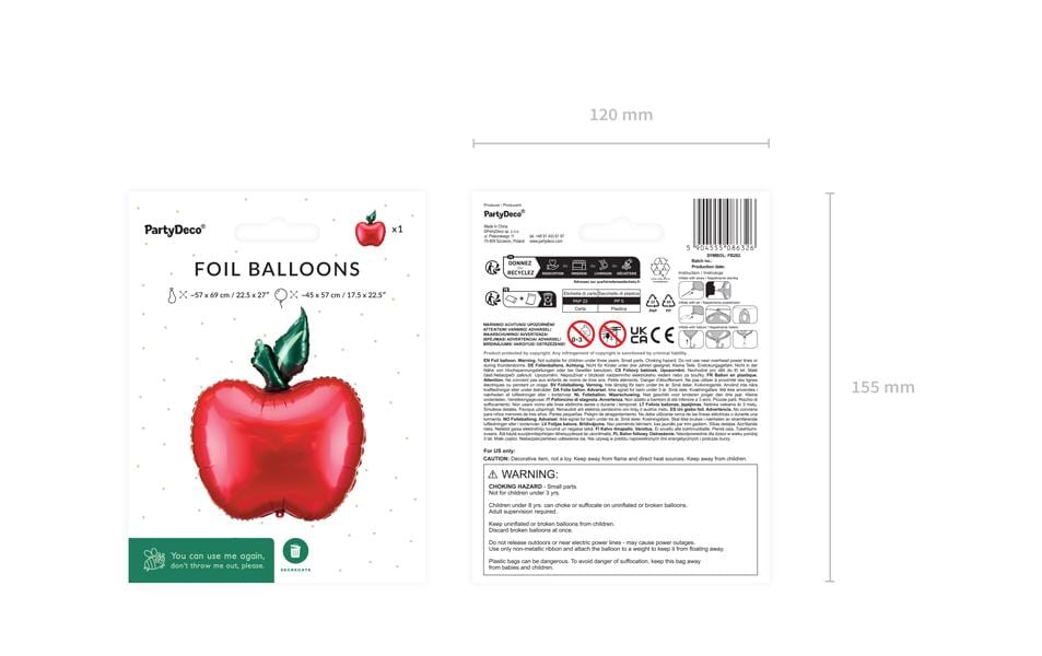 Partydeco Folienballon Apfel, Rot, 45 x 57 cm, 1 Stück