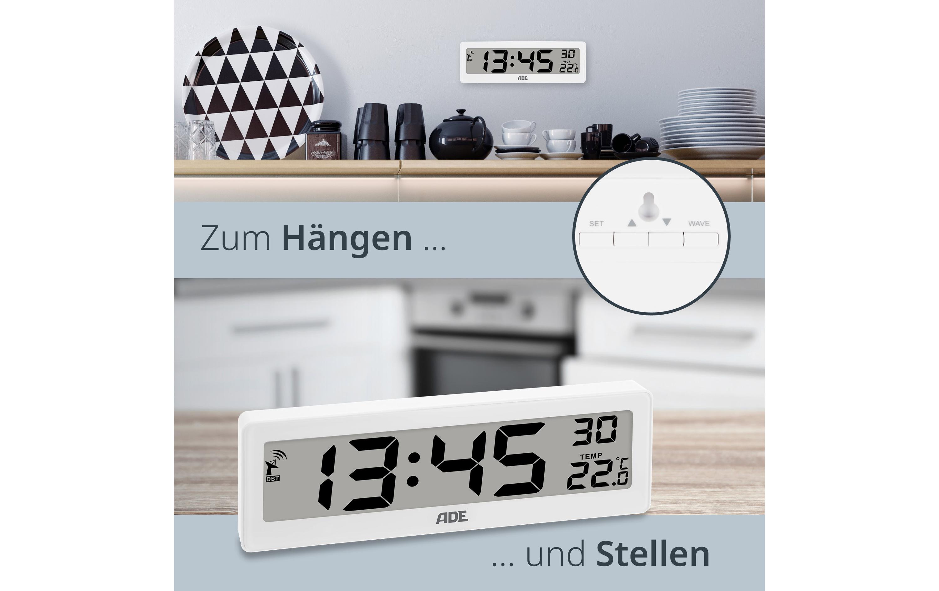 ADE Funkuhr DCF mit XXL-Ziffern digital Weiss