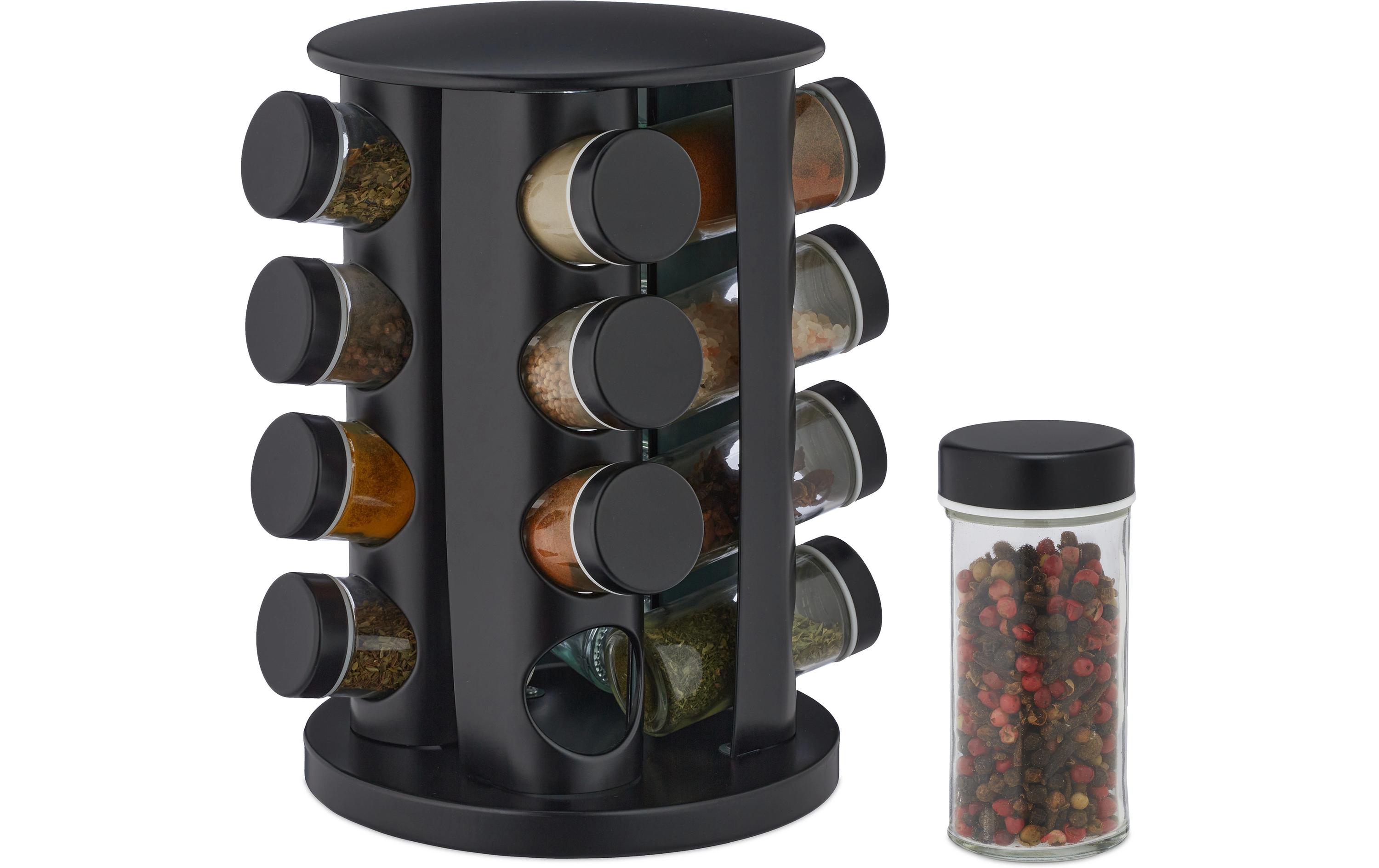 relaxdays Gewürzkarussell 16er Set Schwarz/Transparent