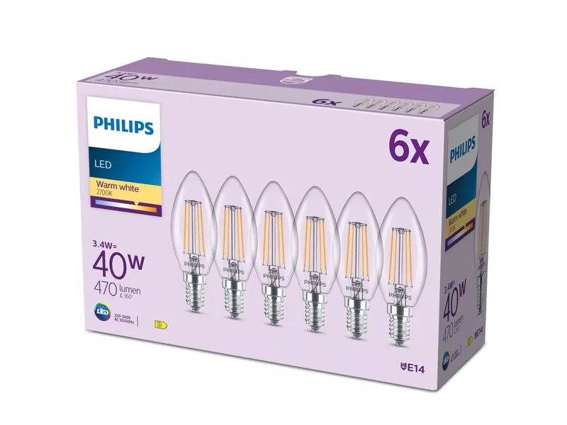 Philips LED Filament-Kerzenlampe ,40 W, B35 E14, 3-er Pack Philips LED Filament-Kerzenlampe ,40 W, B35 E14, 3-er Pack
