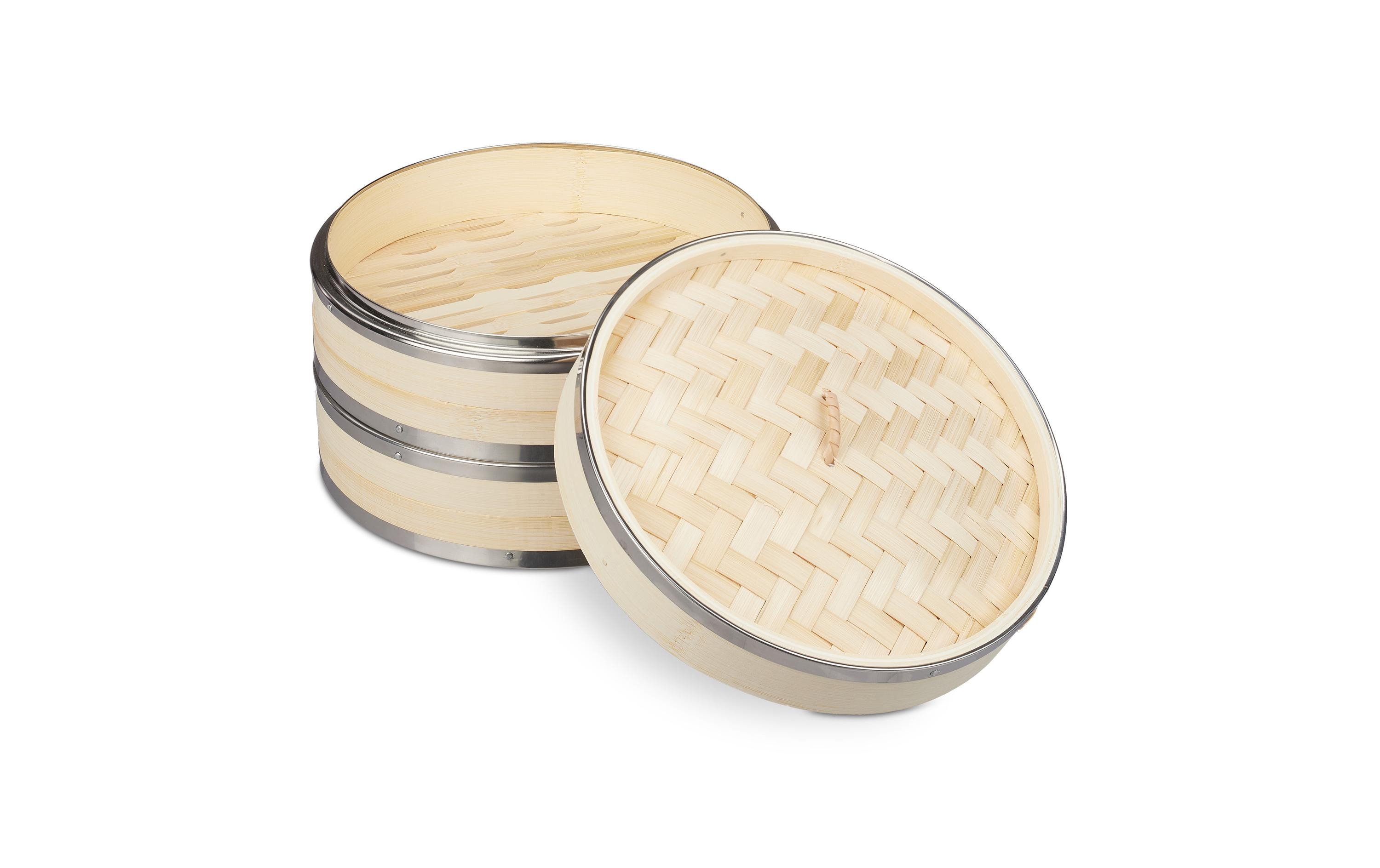 relaxdays Dampfgarer Bambus, 2 Etagen, mit Edelstahlringen