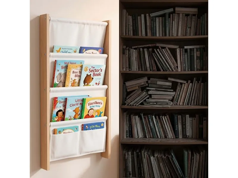 relaxdays Kinderbücherregal MDF, Stoff, Natur, Weiss relaxdays Kinderbücherregal MDF, Stoff, Natur, Weiss