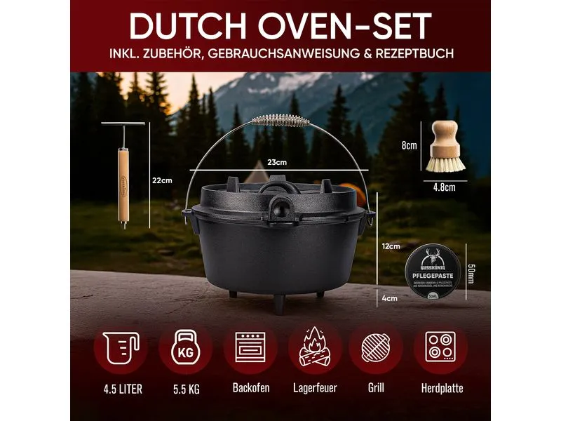 Gusskoenig Dutch Oven Set 4,5 l mit 2in1 Deckelheber mit Füssen Gusskoenig Dutch Oven Set 4,5 l mit 2in1 Deckelheber mit Füssen