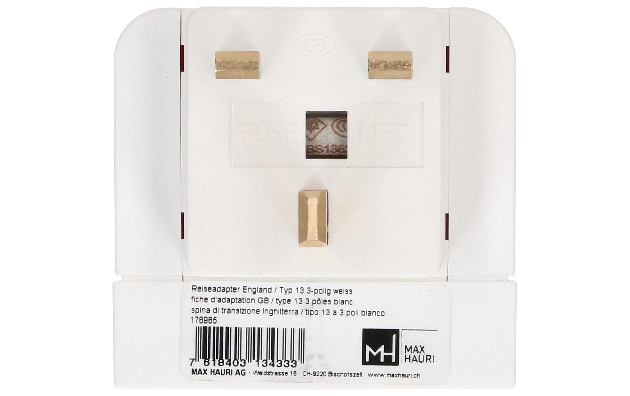 Max Hauri Reiseadapter Grossbritannien / Typ 13, 3-polig, Weiss