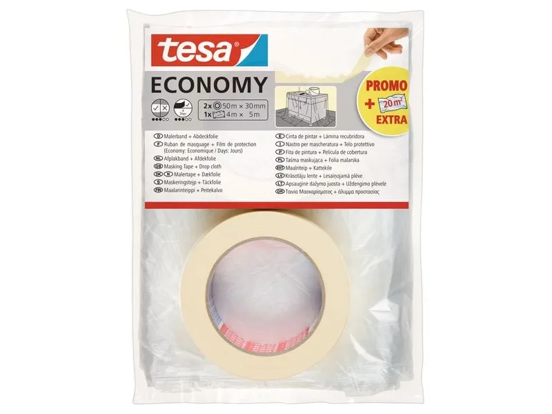 tesa Malerband ECONOMY 2x 50 m x 30 mm + Abdeckfolie