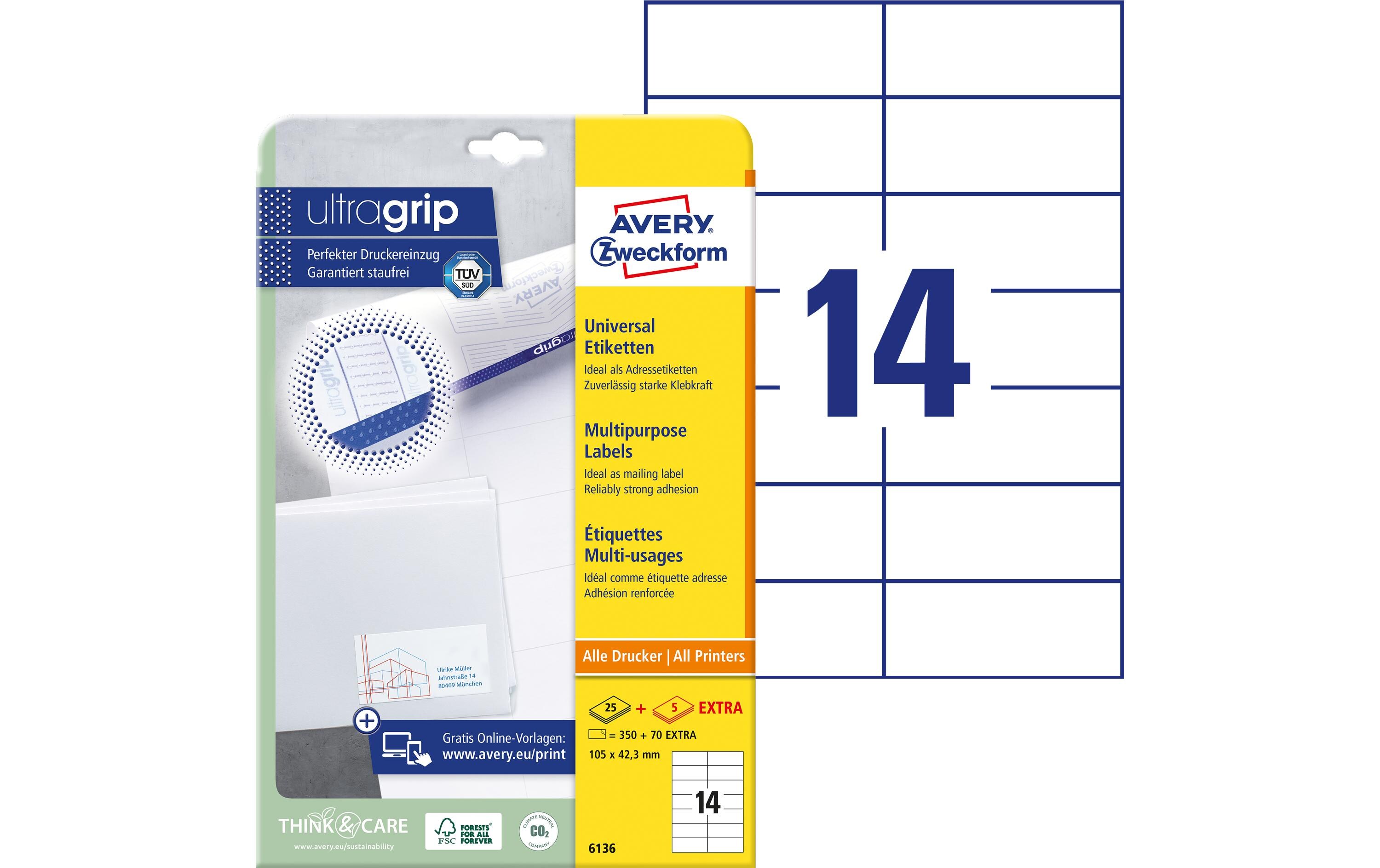 Avery Zweckform Universal-Etiketten 6136, 105 x 42.3 mm, 30 Blatt