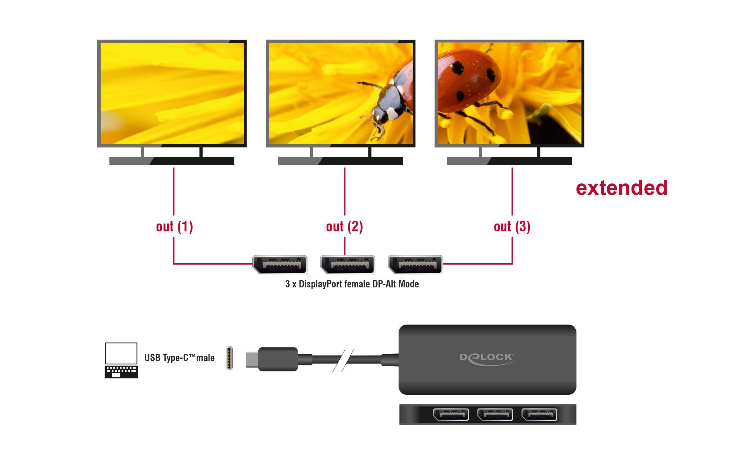 Delock 3-Port Signalsplitter 4K 30 Hz, USB-C - 3x DisplayPort