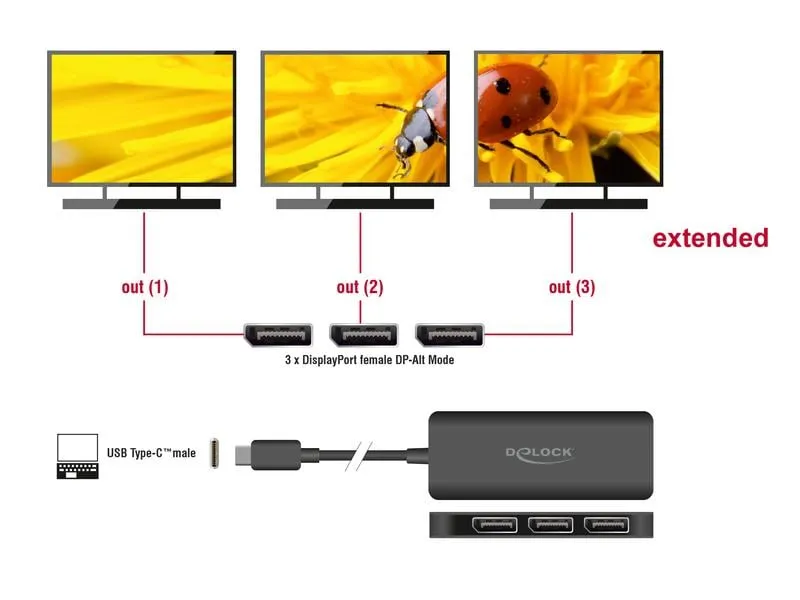 Delock 3-Port Signalsplitter 4K 30 Hz, USB-C - 3x DisplayPort
