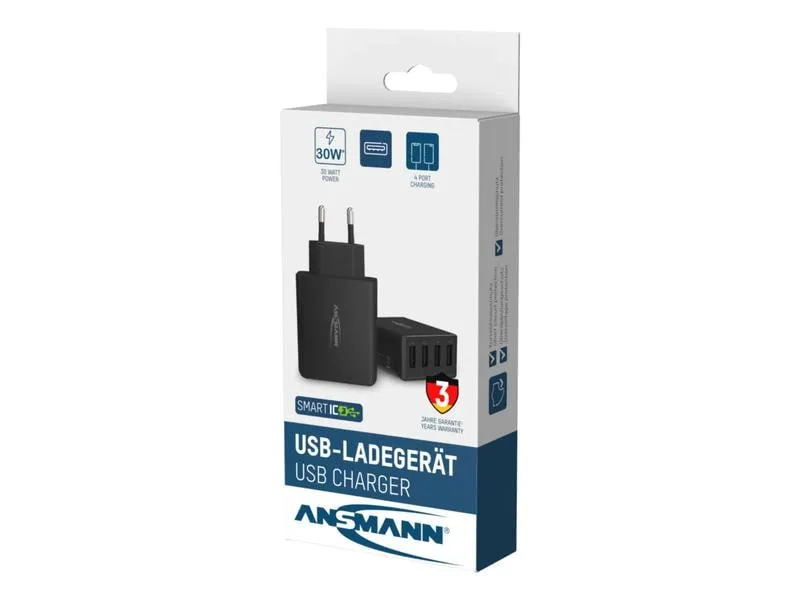 Ansmann USB-Wandladegerät Home Charger HC430, 4x USB, 30 W, Schwarz Ansmann USB-Wandladegerät Home Charger HC430, 4x USB, 30 W, Schwarz