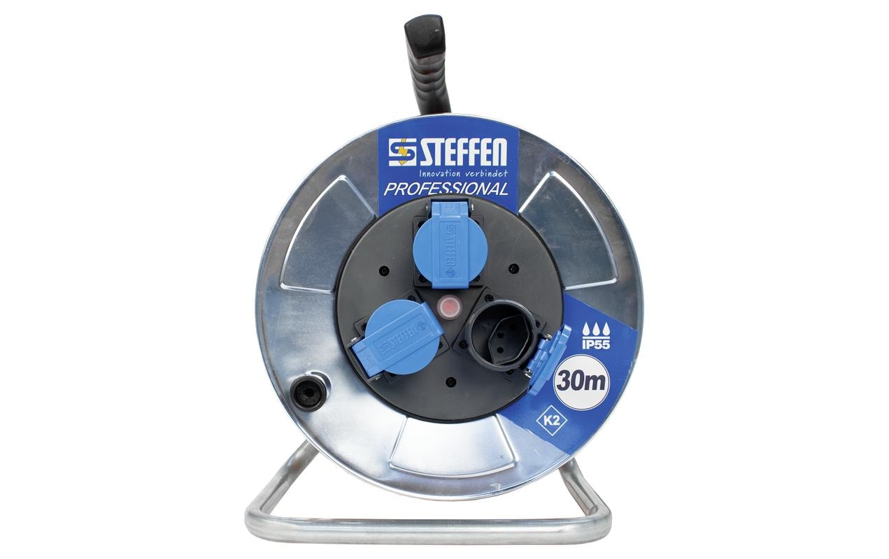 STEFFEN Kabelrolle Professional 30 m 3x T13, IP55, Silber STEFFEN Kabelrolle Professional 30 m 3x T13, IP55, Silber