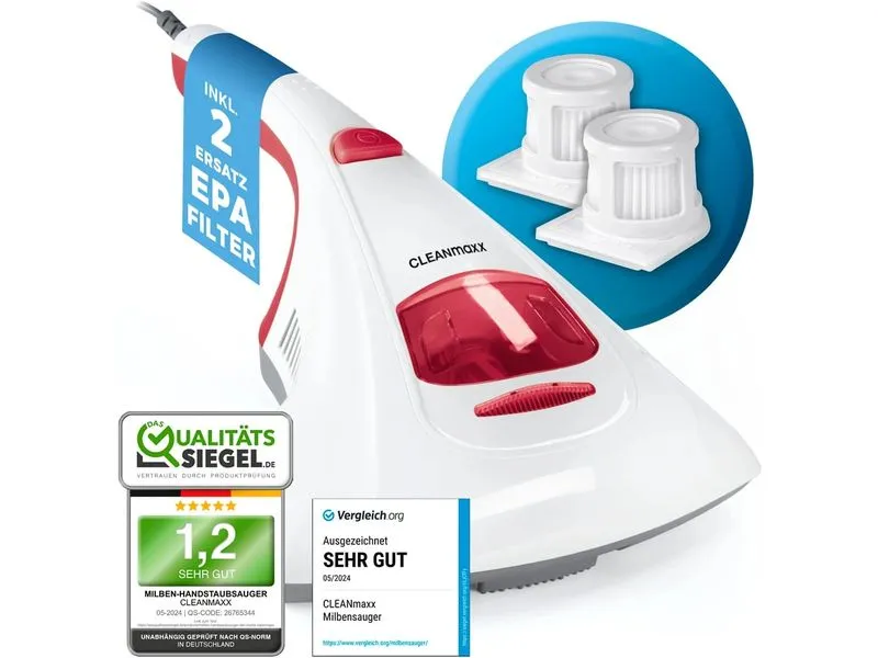 CLEANmaxx Milben-Handstaubsauger mit UV-C-Licht 300W, Weiss/Rot CLEANmaxx Milben-Handstaubsauger mit UV-C-Licht 300W, Weiss/Rot