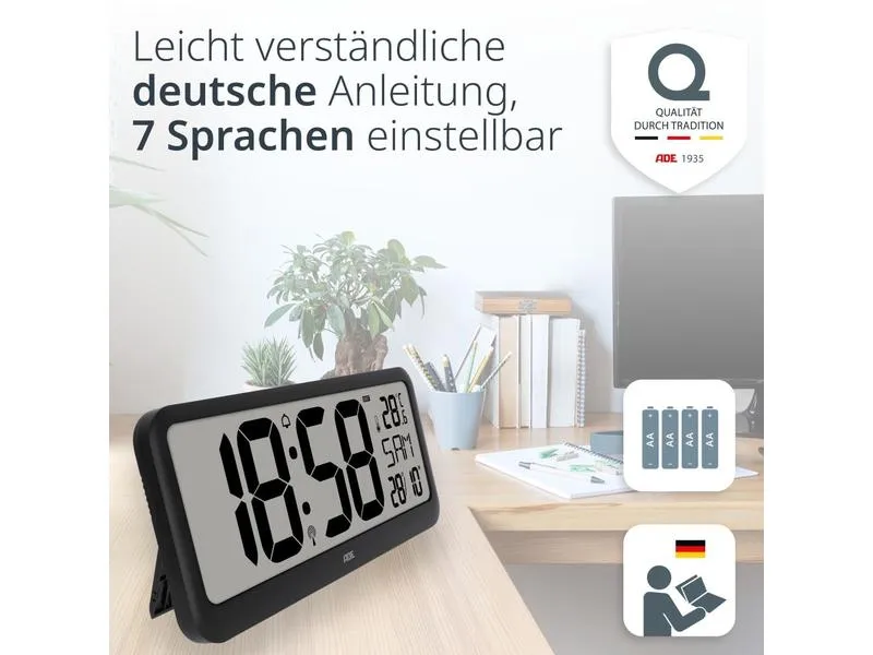 ADE Funkuhr XXL Wanduhr oder Regeluhr Schwarz