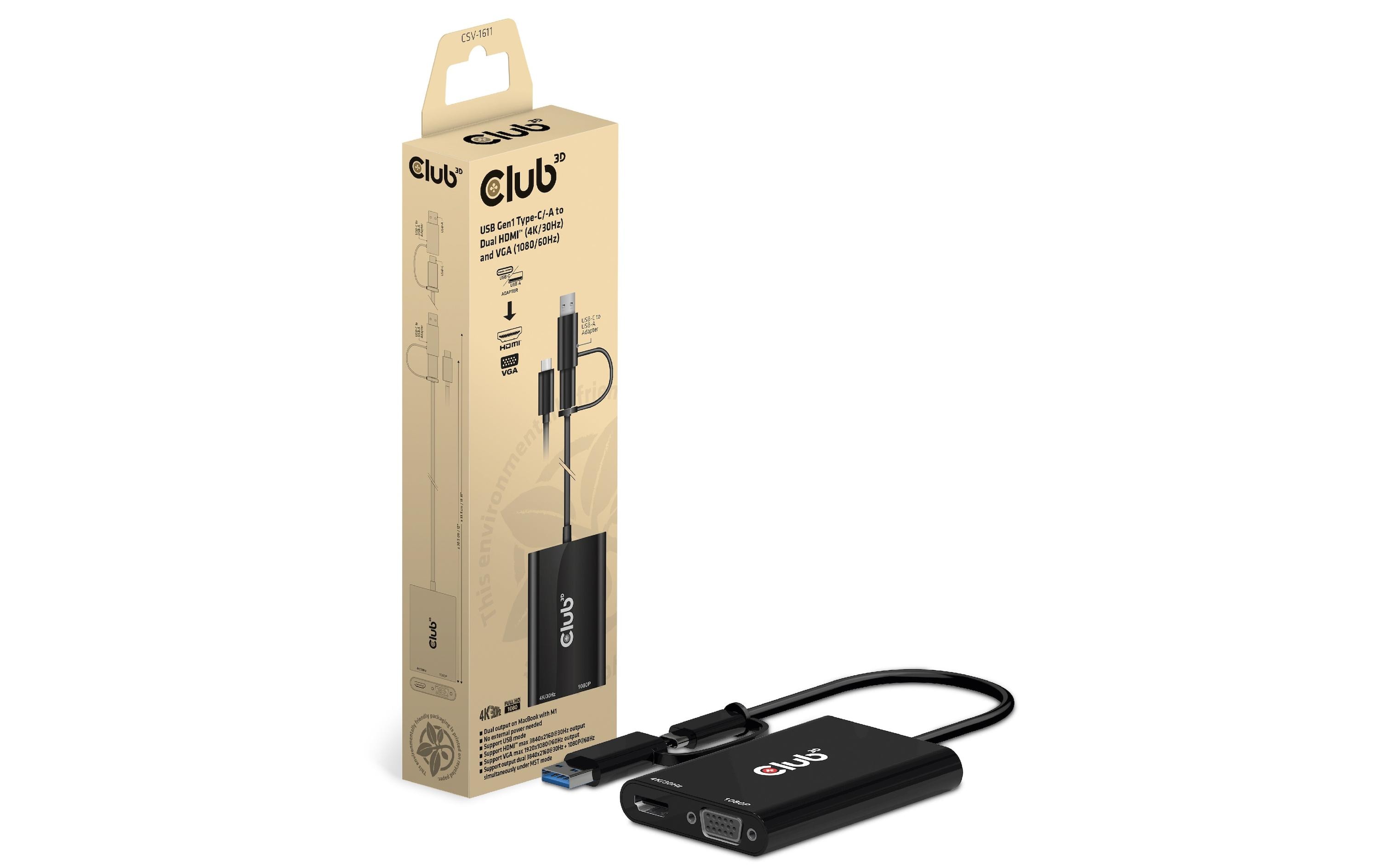 Club 3D Adapterkabel CSV-1611 USB 3.0/USB Type-C - HDMI/VGA