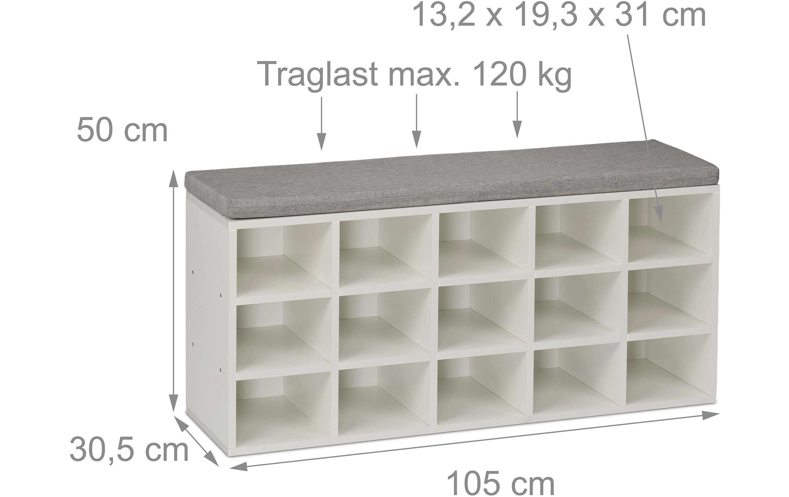 relaxdays Schuhbank mit Sitzfläche mit 15 Fächern, Grau/Weiss