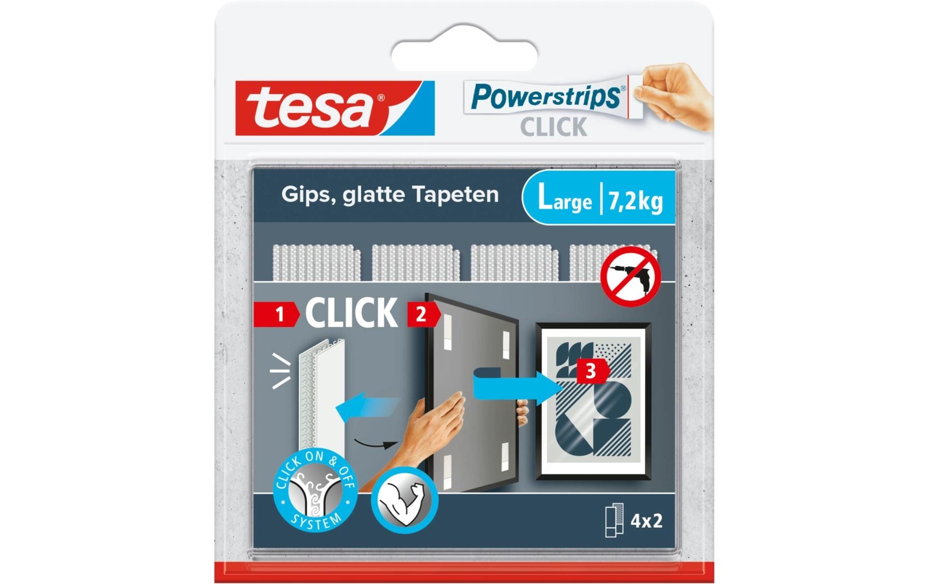 tesa Montagestreifen Powerstrips CLICK Large 4 Paar, 7.2 kg