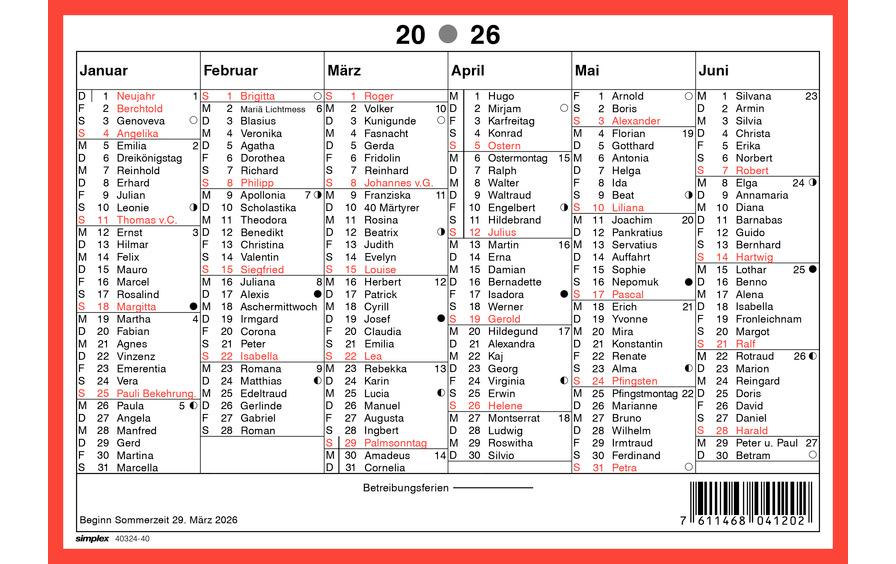 Simplex Kalender mit Namenstagen A5 Querformat, 2026 Simplex Kalender mit Namenstagen A5 Querformat, 2026