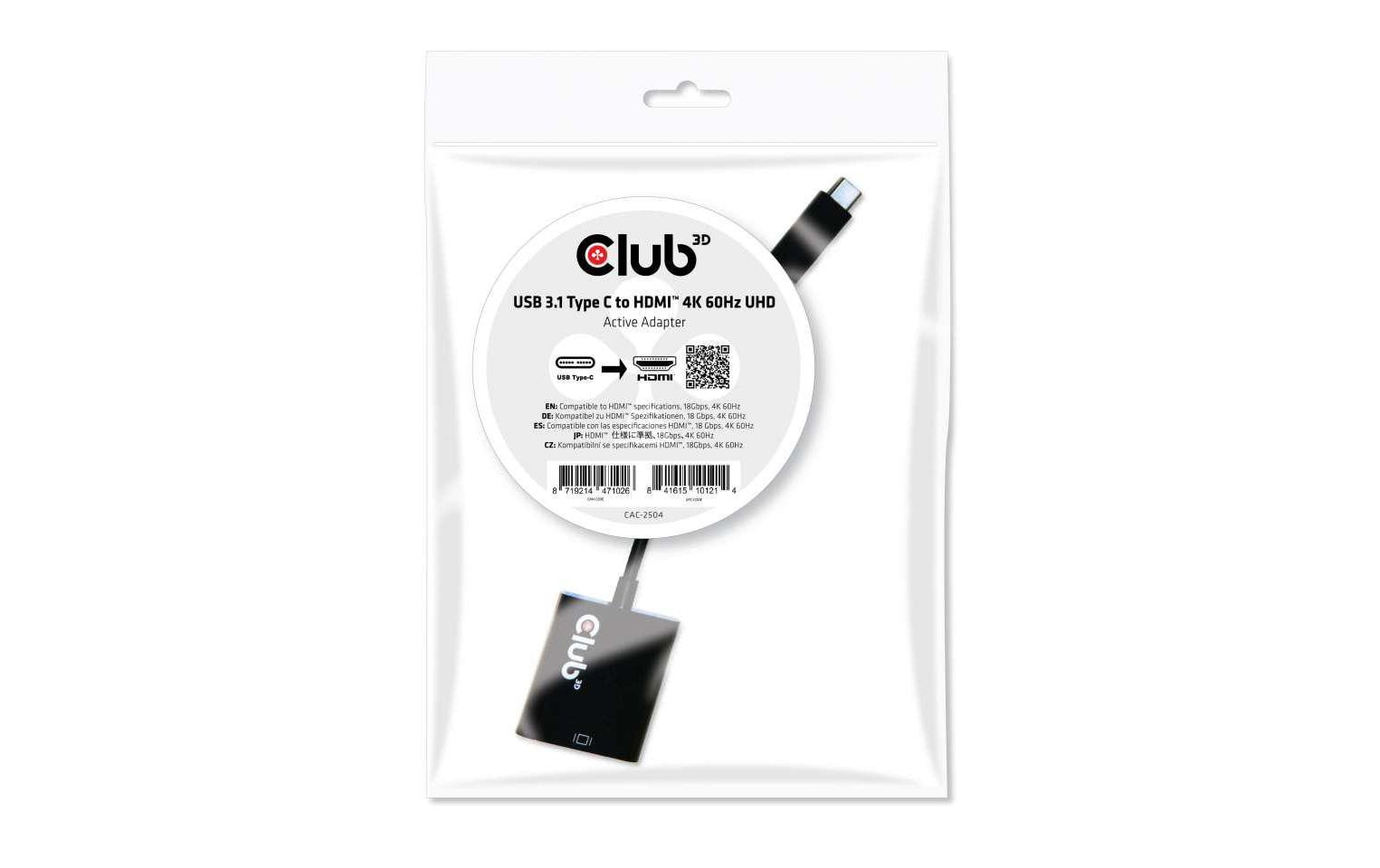 Club 3D Adapter USB 3.1 Type-C - HDMI 2.0 UHD 4K60Hz, Aktiv