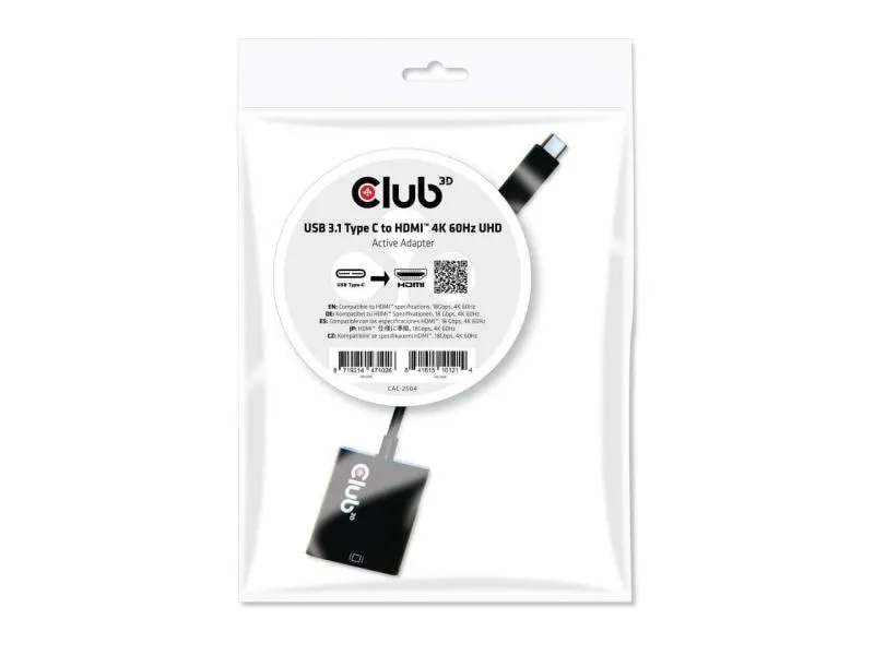 Club 3D Adapter USB 3.1 Type-C - HDMI 2.0 UHD 4K60Hz, Aktiv