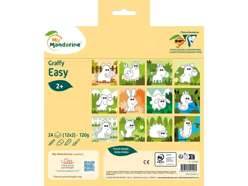 Avenue Mandarine Graffy Easy, Tiere auf dem Bauernhof – Gelb 20 x 20 cm